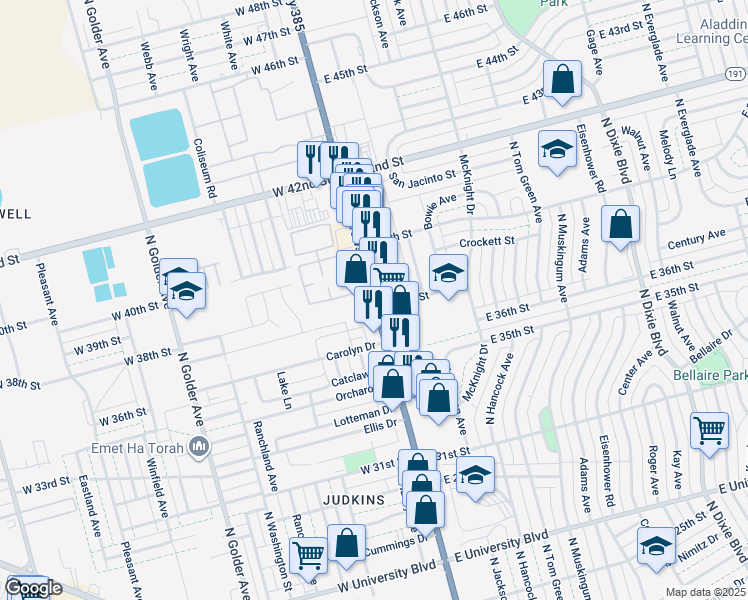map of restaurants, bars, coffee shops, grocery stores, and more near 3701 Andrews Highway in Odessa