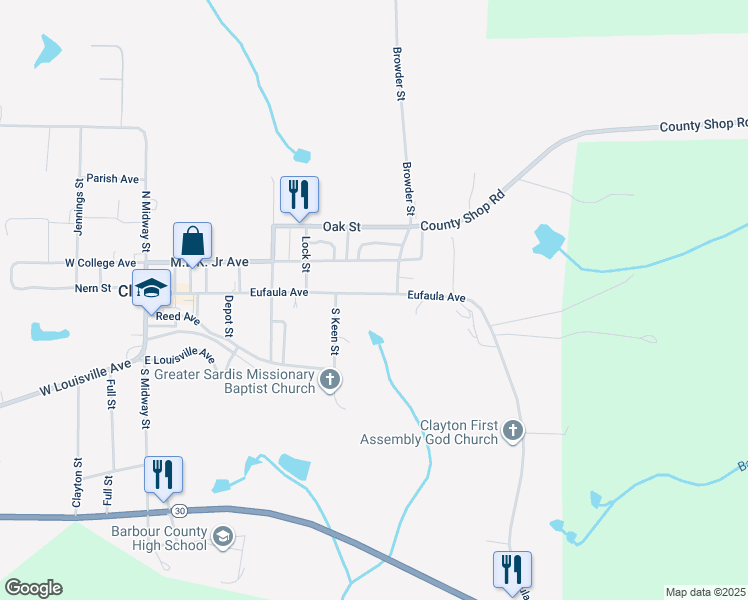 map of restaurants, bars, coffee shops, grocery stores, and more near 125 Eufaula Avenue in Clayton