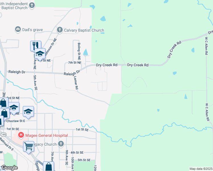 map of restaurants, bars, coffee shops, grocery stores, and more near 205 Woodgate Place Northeast in Magee