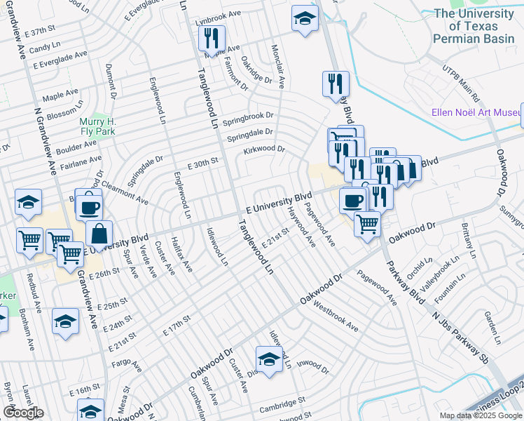 map of restaurants, bars, coffee shops, grocery stores, and more near 4020 Westbrook Avenue in Odessa