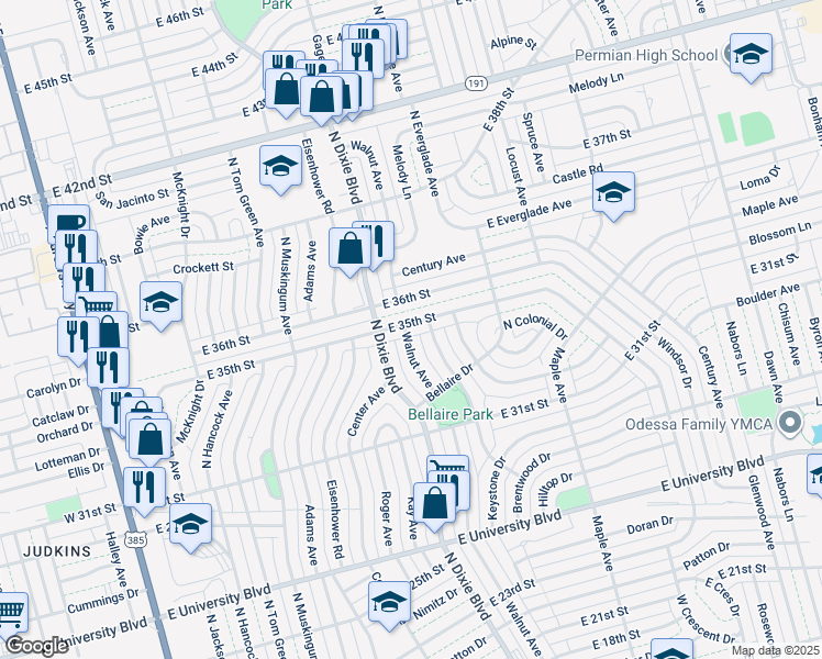 map of restaurants, bars, coffee shops, grocery stores, and more near 1100 E 35th St in Odessa