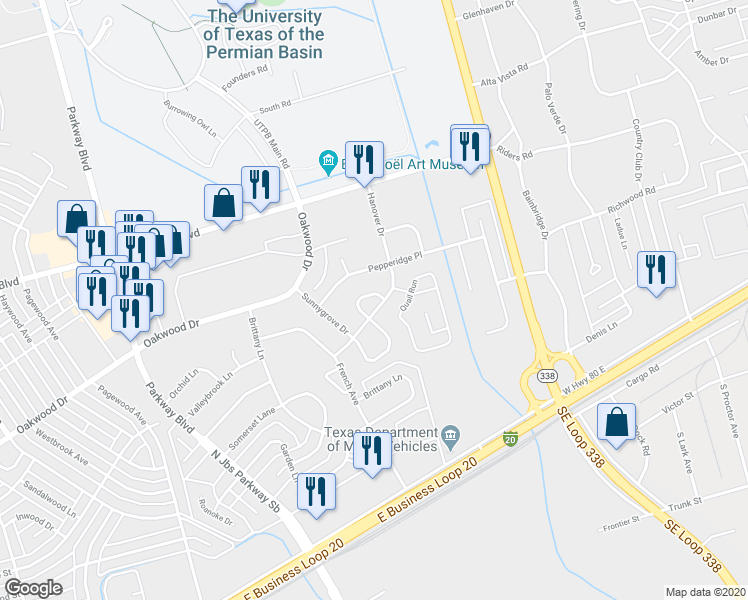 map of restaurants, bars, coffee shops, grocery stores, and more near 51 Sunnygrove Drive in Odessa