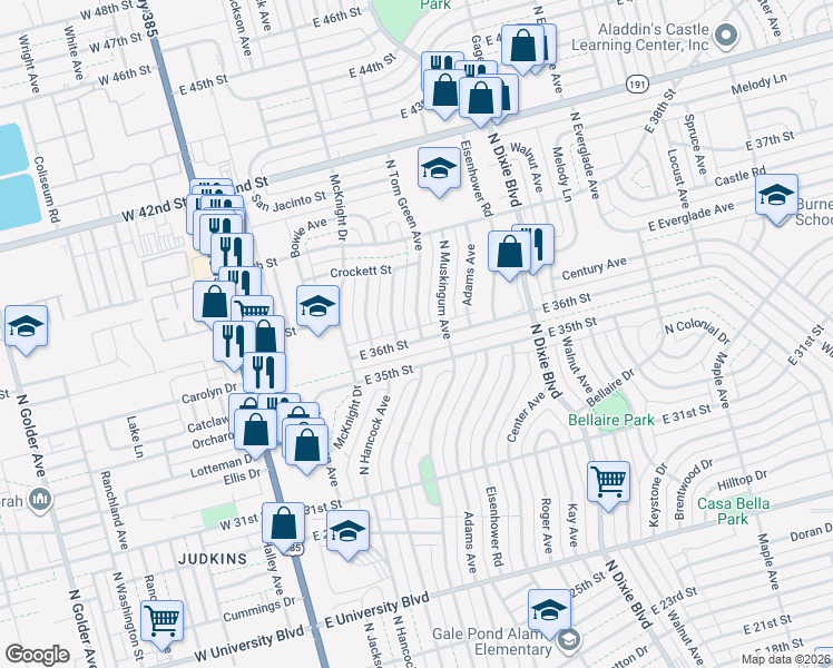 map of restaurants, bars, coffee shops, grocery stores, and more near 607 E 36th St in Odessa