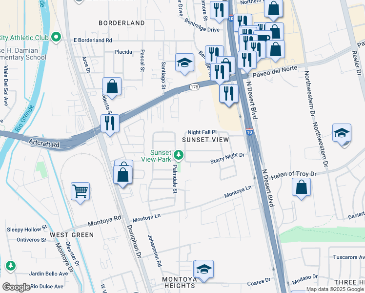 map of restaurants, bars, coffee shops, grocery stores, and more near 6153 Night Fall Place in El Paso