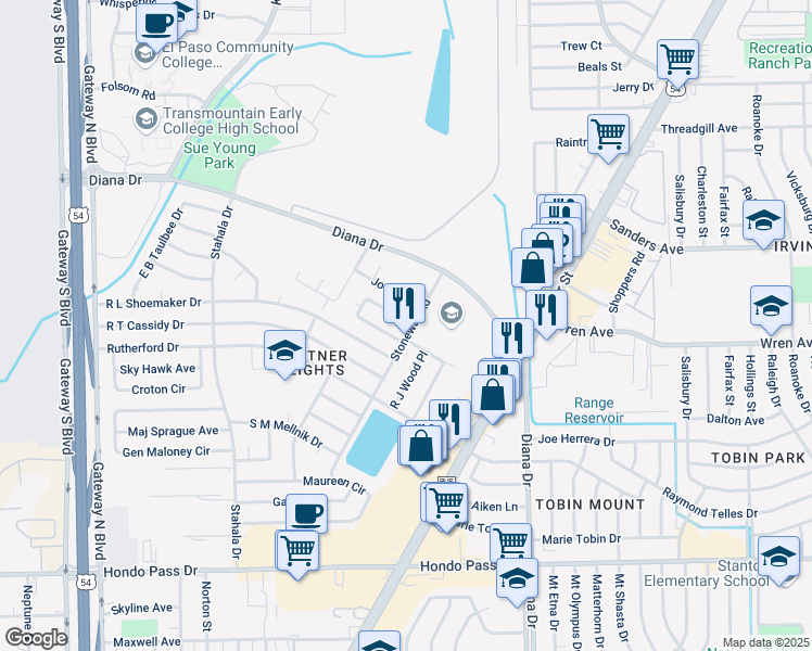 map of restaurants, bars, coffee shops, grocery stores, and more near 77 Stonewall Road in El Paso