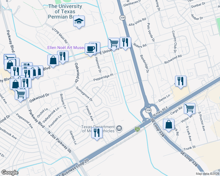 map of restaurants, bars, coffee shops, grocery stores, and more near 102 Chukar Run in Odessa