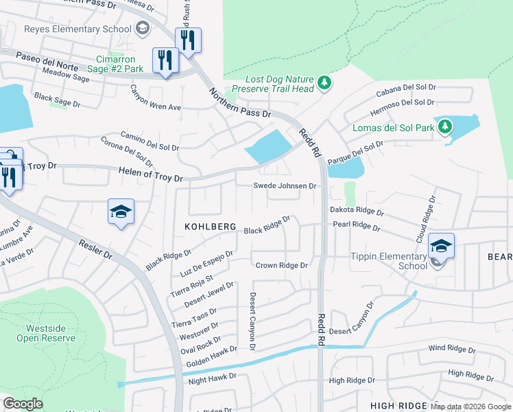 map of restaurants, bars, coffee shops, grocery stores, and more near 1512 John MacGuire Place in El Paso