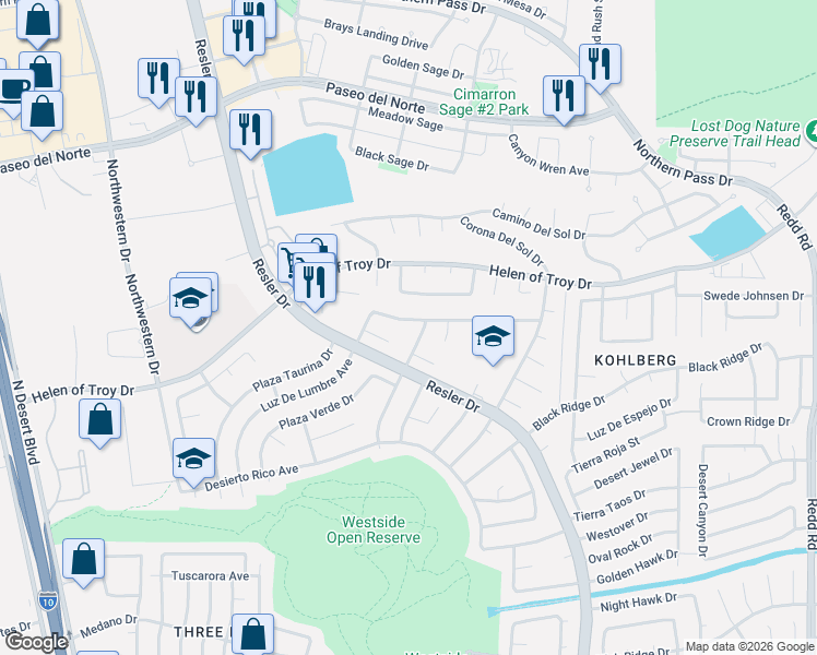 map of restaurants, bars, coffee shops, grocery stores, and more near 7356 Luz De Lumbre Avenue in El Paso