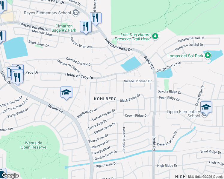 map of restaurants, bars, coffee shops, grocery stores, and more near 1517 Rosenbaum Lane in El Paso
