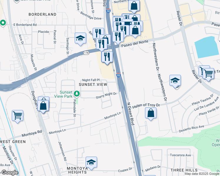 map of restaurants, bars, coffee shops, grocery stores, and more near 6150 Cloudy Sky Drive in El Paso