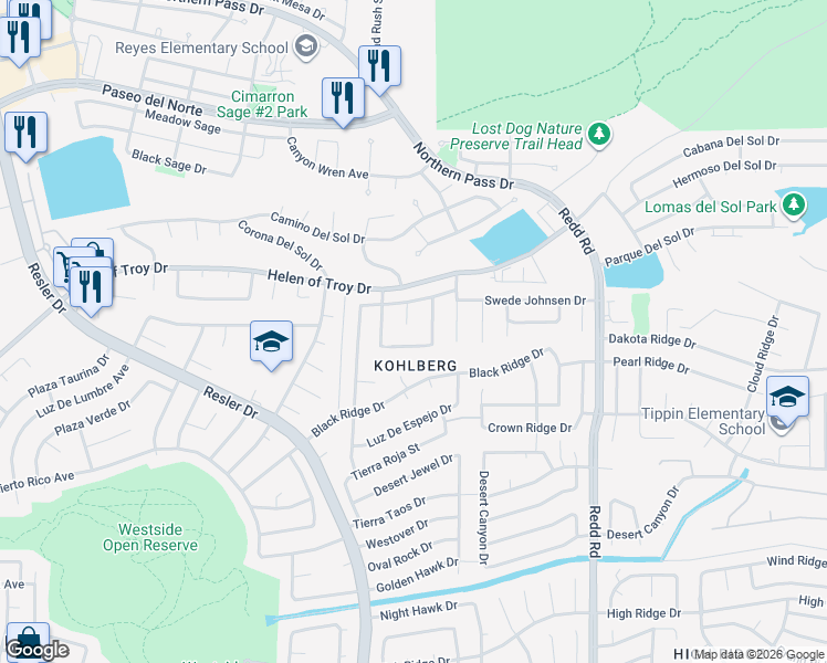 map of restaurants, bars, coffee shops, grocery stores, and more near 1500 Nopales Lane in El Paso