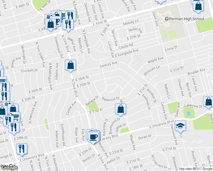 map of restaurants, bars, coffee shops, grocery stores, and more near 3301 Bellaire Drive in Odessa
