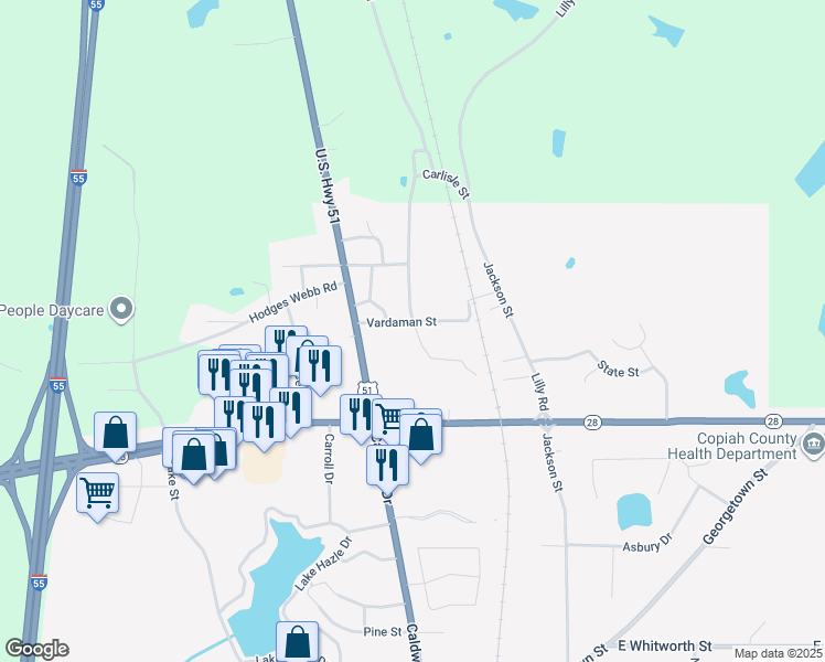 map of restaurants, bars, coffee shops, grocery stores, and more near 225 Carlisle Street in Hazlehurst