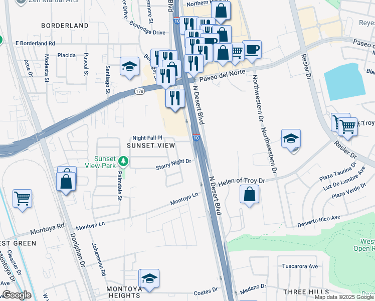 map of restaurants, bars, coffee shops, grocery stores, and more near 6150 Cloudy Sky Drive in El Paso