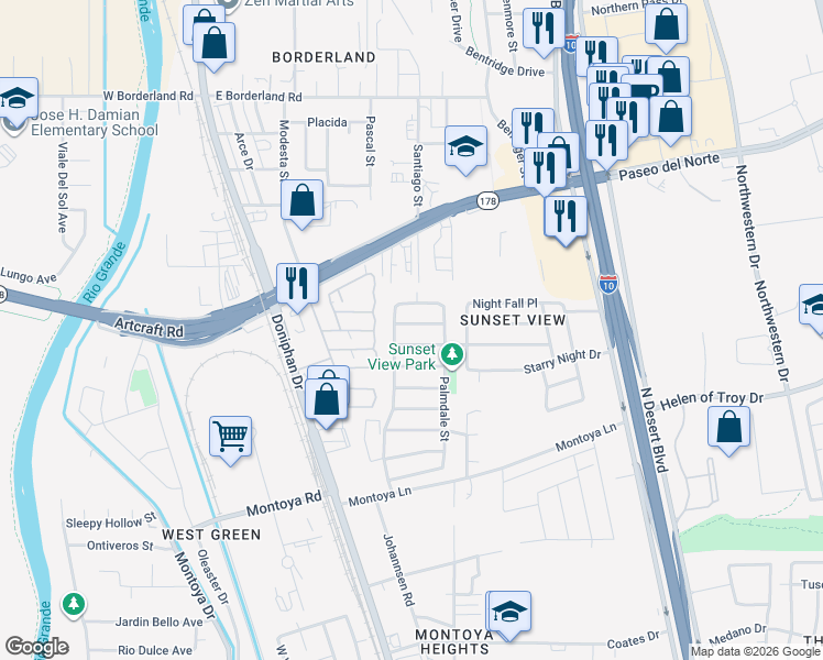 map of restaurants, bars, coffee shops, grocery stores, and more near 241 Morning Dawn Avenue in El Paso