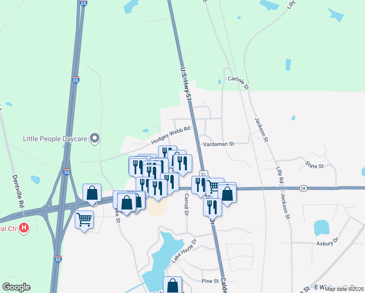 map of restaurants, bars, coffee shops, grocery stores, and more near 1058 Vincent Street in Hazlehurst