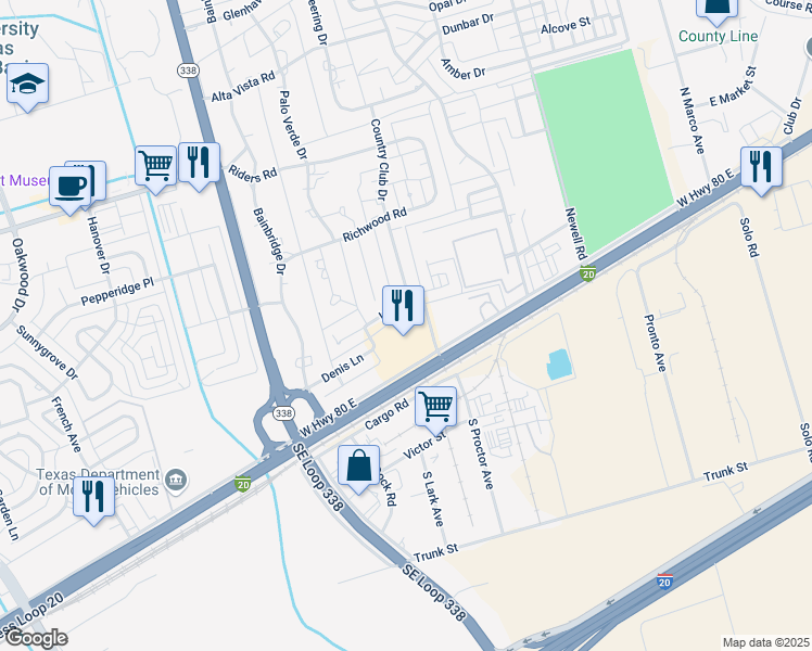 map of restaurants, bars, coffee shops, grocery stores, and more near 6201 Interstate 20 Business Loop in Odessa