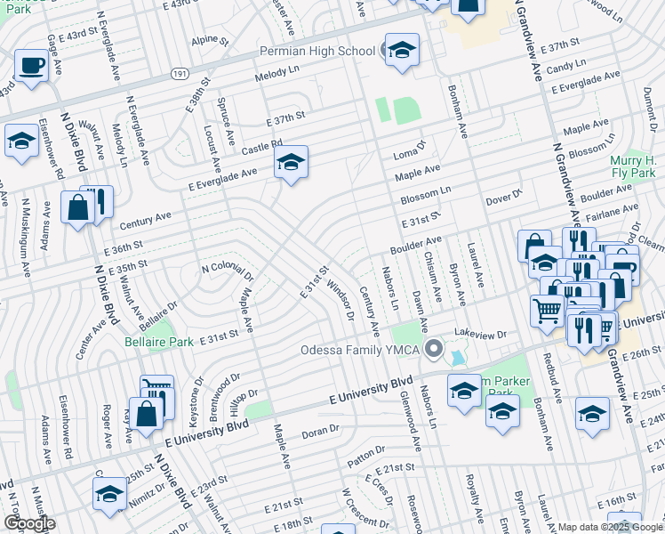 map of restaurants, bars, coffee shops, grocery stores, and more near 3015 Century Avenue in Odessa