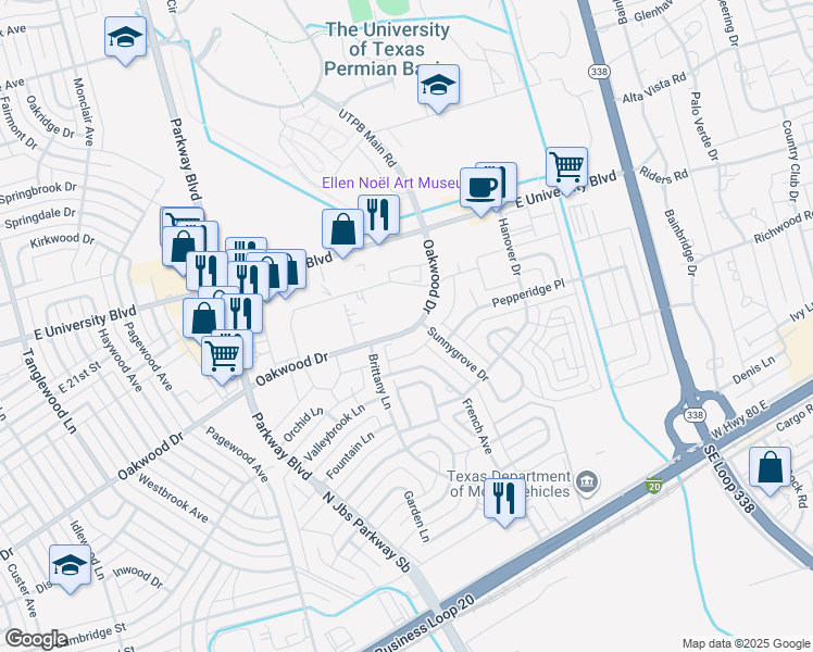 map of restaurants, bars, coffee shops, grocery stores, and more near 4754 Oakwood Drive in Odessa
