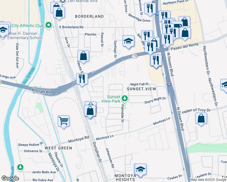map of restaurants, bars, coffee shops, grocery stores, and more near 241 Morning Dawn Avenue in El Paso