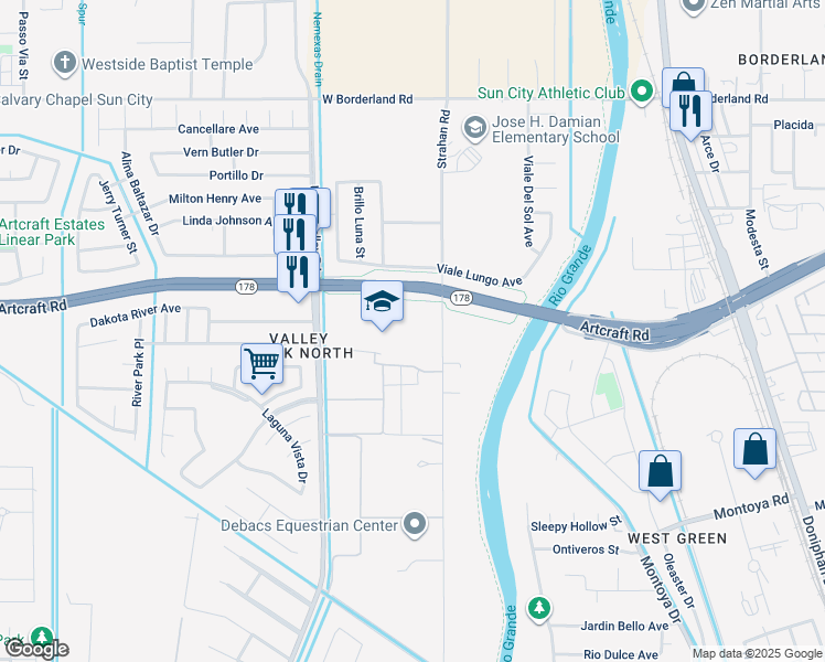 map of restaurants, bars, coffee shops, grocery stores, and more near 6160 Strahan Road in El Paso