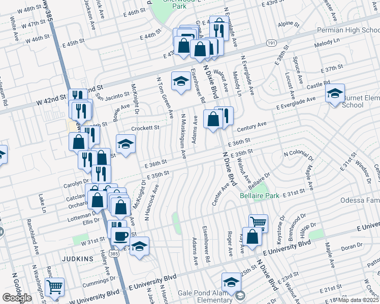 map of restaurants, bars, coffee shops, grocery stores, and more near 805 East 36th Street in Odessa