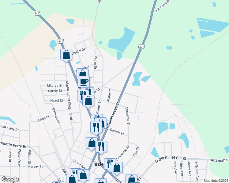 map of restaurants, bars, coffee shops, grocery stores, and more near 11 West Floyd Avenue in Hazlehurst