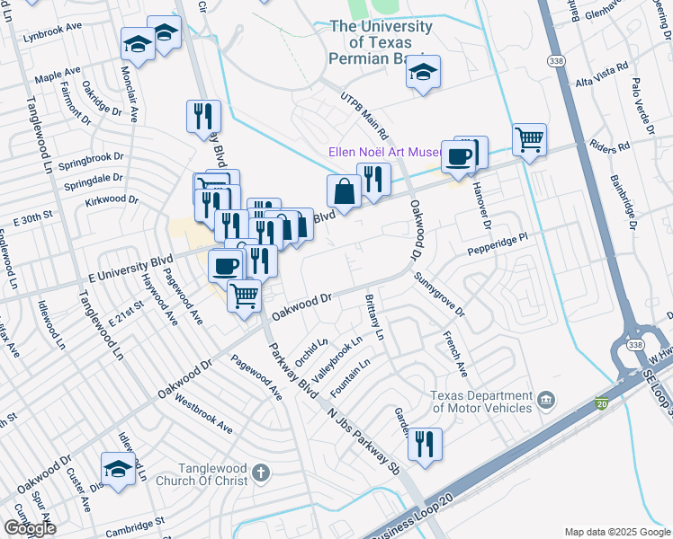 map of restaurants, bars, coffee shops, grocery stores, and more near 4651 Oakwood Drive in Odessa