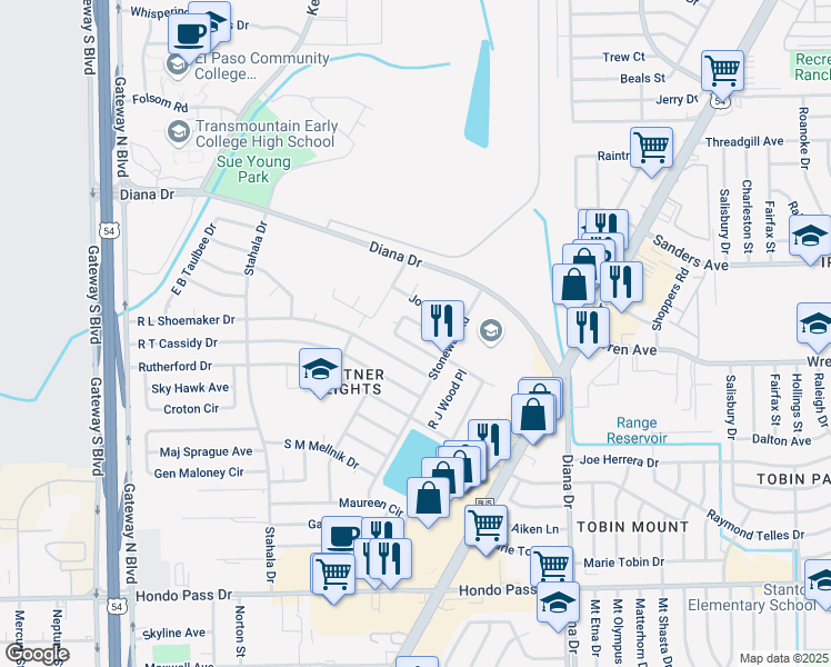 map of restaurants, bars, coffee shops, grocery stores, and more near 4729 R L Shoemaker Drive in El Paso