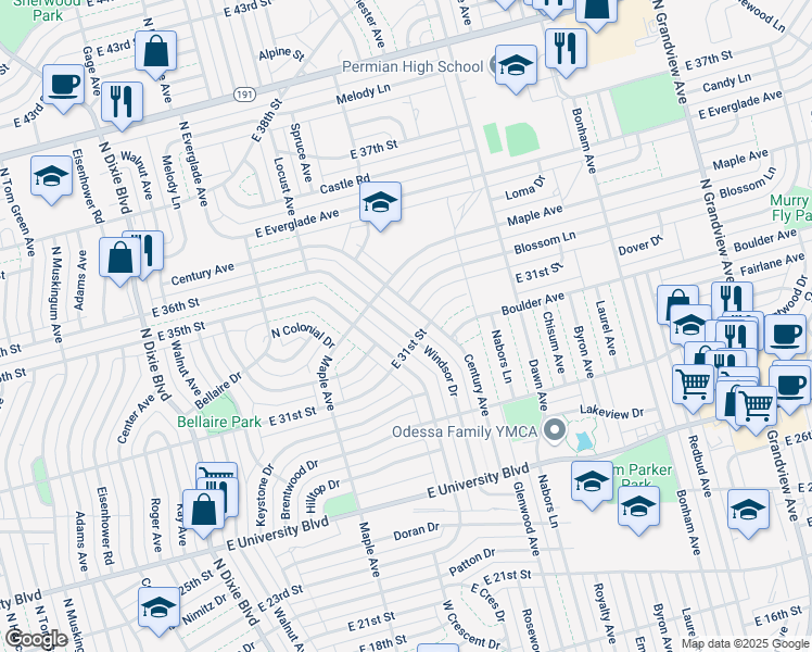 map of restaurants, bars, coffee shops, grocery stores, and more near 3101 Windsor Drive in Odessa