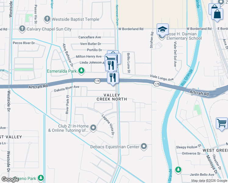 map of restaurants, bars, coffee shops, grocery stores, and more near 601 Laramie River Avenue in El Paso