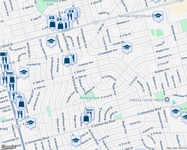 map of restaurants, bars, coffee shops, grocery stores, and more near 1302 East 35th Street in Odessa
