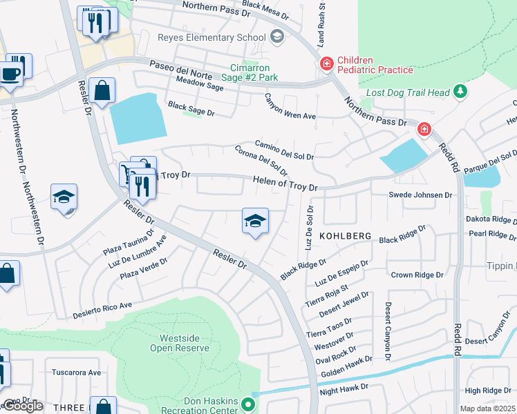 map of restaurants, bars, coffee shops, grocery stores, and more near 7317 Luz De Lumbre Avenue in El Paso