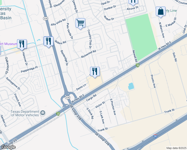 map of restaurants, bars, coffee shops, grocery stores, and more near 6201 Interstate 20 Business Loop in Odessa