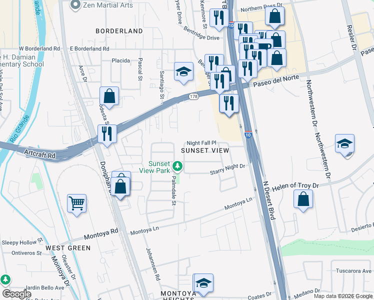 map of restaurants, bars, coffee shops, grocery stores, and more near 6153 Night Fall Place in El Paso
