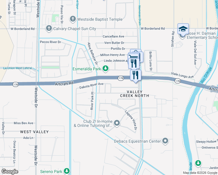 map of restaurants, bars, coffee shops, grocery stores, and more near 6160 Thunder River Place in El Paso