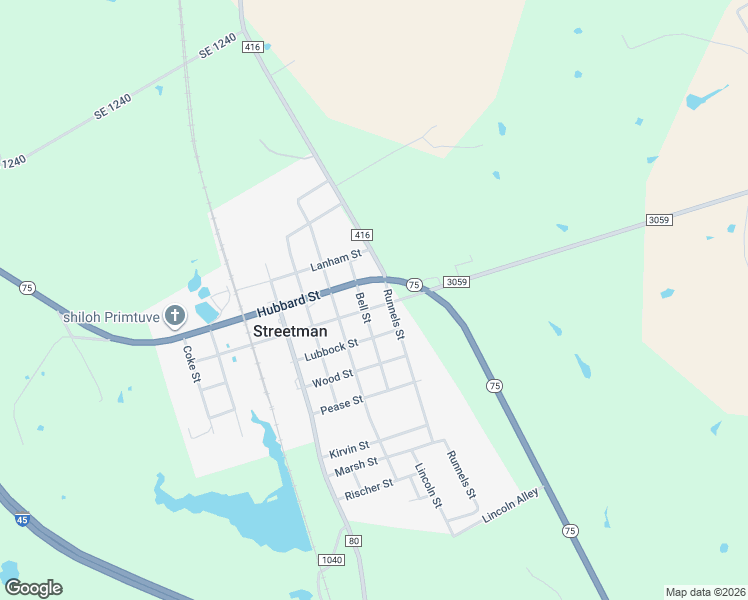 map of restaurants, bars, coffee shops, grocery stores, and more near 104 Runnels Street in Streetman