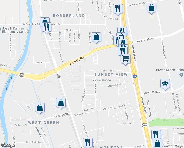 map of restaurants, bars, coffee shops, grocery stores, and more near 249 Summerbrooke Court in El Paso