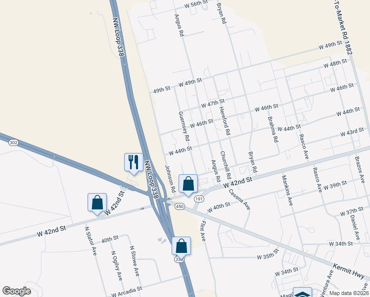map of restaurants, bars, coffee shops, grocery stores, and more near 4400 Guernsey Road in Odessa