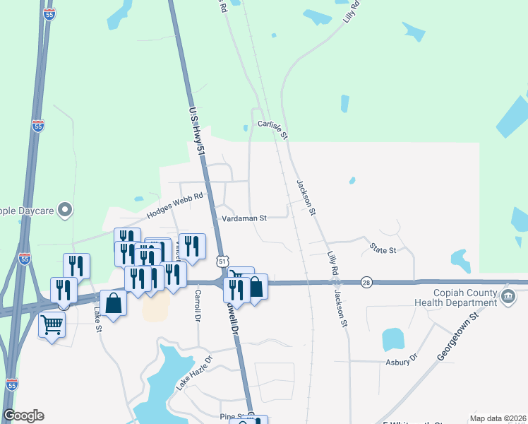 map of restaurants, bars, coffee shops, grocery stores, and more near 220 Carlisle Street in Hazlehurst