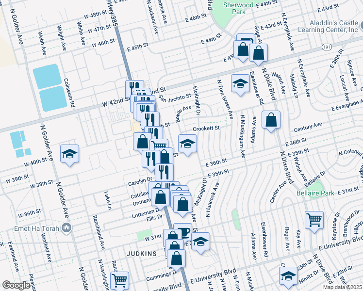 map of restaurants, bars, coffee shops, grocery stores, and more near 3705 Bowie Avenue in Odessa
