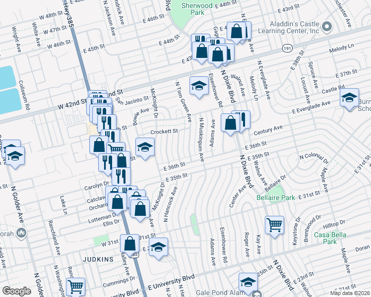 map of restaurants, bars, coffee shops, grocery stores, and more near 607 East 36th Street in Odessa