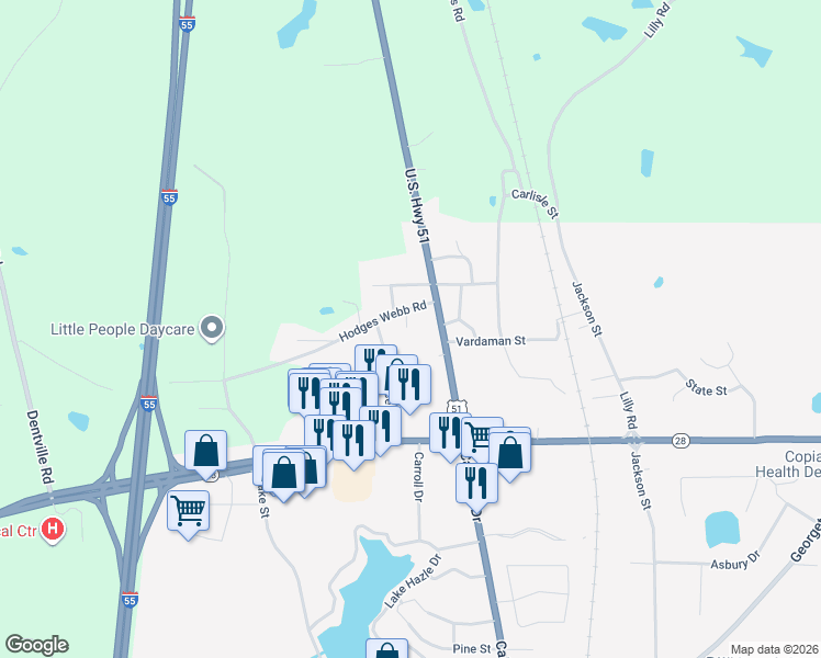 map of restaurants, bars, coffee shops, grocery stores, and more near 1058 Vincent Street in Hazlehurst
