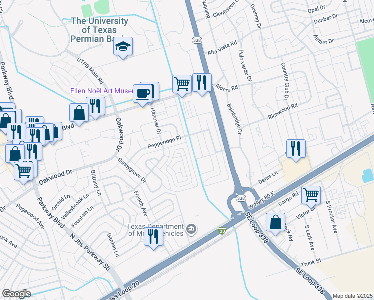 map of restaurants, bars, coffee shops, grocery stores, and more near 178 Quail Run in Odessa