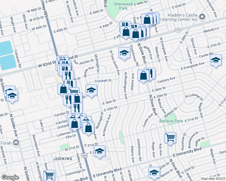 map of restaurants, bars, coffee shops, grocery stores, and more near 3619 North Tom Green Avenue in Odessa