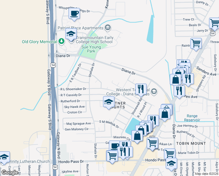 map of restaurants, bars, coffee shops, grocery stores, and more near 4608 Robert Holt Drive in El Paso