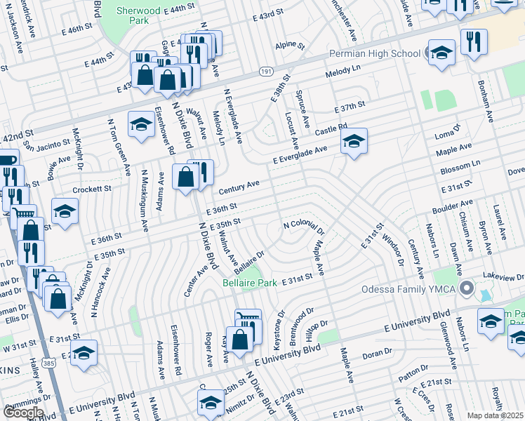 map of restaurants, bars, coffee shops, grocery stores, and more near 1307 East 35th Street in Odessa