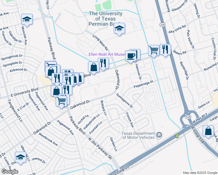 map of restaurants, bars, coffee shops, grocery stores, and more near 4801 Oakwood Drive in Odessa