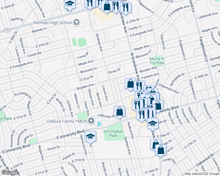map of restaurants, bars, coffee shops, grocery stores, and more near 3102 Bonham Avenue in Odessa