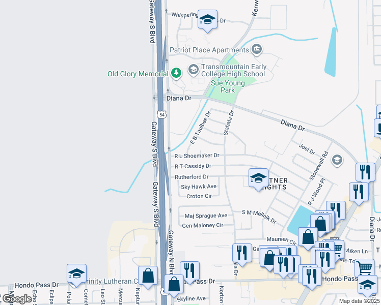 map of restaurants, bars, coffee shops, grocery stores, and more near 9417 East B Taulbee Drive in El Paso